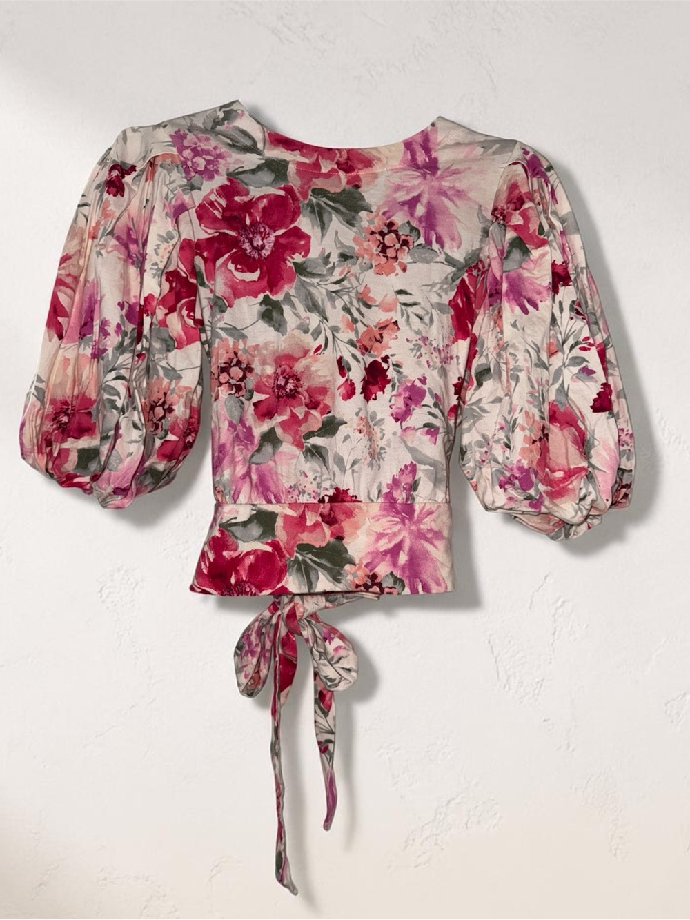 Express Pink Floral Puff-Sleeve Tie-Back Blouse Size S